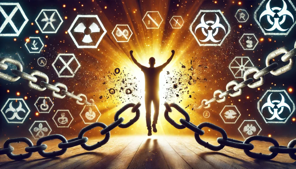 A powerful depiction of a person breaking free from chains composed of toxic symbols, surrounded by a radiant light symbolizing liberation and positive transformation. The dark background contrasts with the glowing freedom from harmful habits.