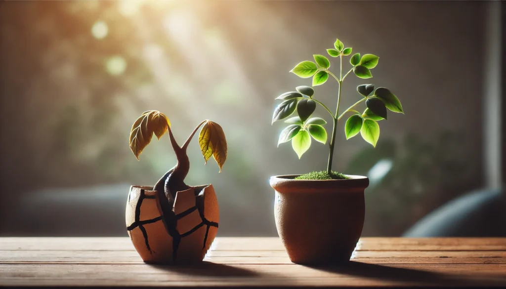 A symbolic comparison of a wilting plant in a cracked pot next to a flourishing plant in a healthy pot, placed on a wooden table with soft natural light. The scene highlights the contrasting effects of harmful versus healthy habits.