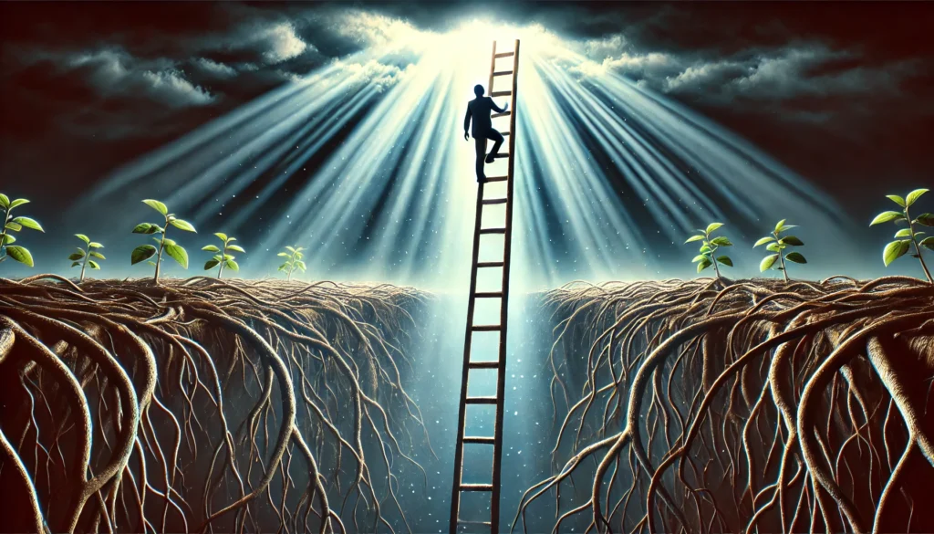 A symbolic scene of a person climbing a ladder out of a dark pit filled with tangled roots, reaching toward a bright and open sky. The ladder represents the steps taken to overcome harmful habits and achieve personal growth.