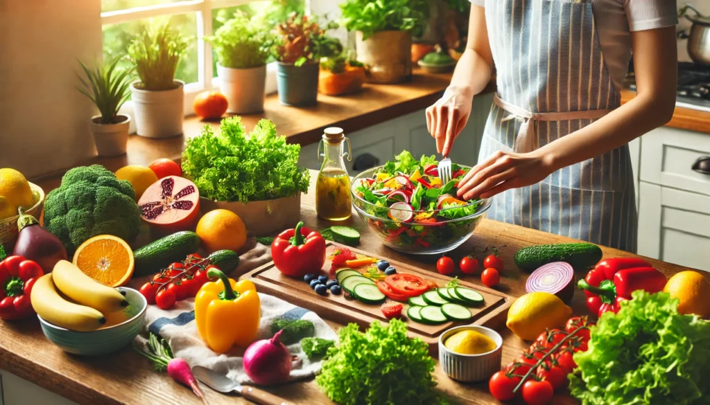 A vibrant kitchen scene showing a person preparing a healthy salad with fresh vegetables and fruits on a clean, organized counter. The calm and inviting atmosphere emphasizes healthy eating as part of building better routines.