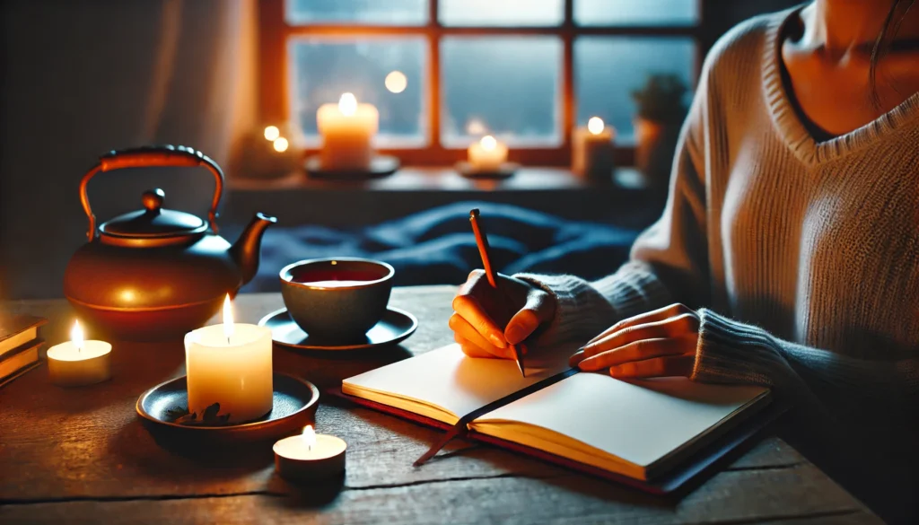 A tranquil evening scene with a person journaling at a wooden desk, accompanied by a cup of tea and soft candlelight. The window reveals a faint sunset glow, representing reflective and mindful routines for personal well-being.