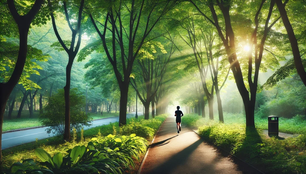 An early morning park scene featuring a person jogging along a tree-lined path surrounded by lush greenery. The sunlight filters through the leaves, creating a fresh and invigorating atmosphere that highlights outdoor exercise as part of healthy routines.