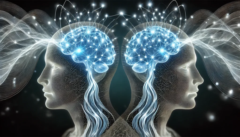 A futuristic digital representation of neural pathways forming between two human brains, glowing with interconnected energy waves. The image illustrates the strengthening of cognitive function and enhanced memory through brain connections.