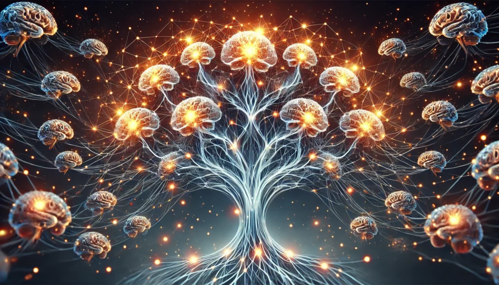 A symbolic artistic representation of a glowing brain tree, where branches resemble neural pathways connecting multiple brains. The image illustrates the concept of collective intelligence and how brain connectivity enhances memory and recall.