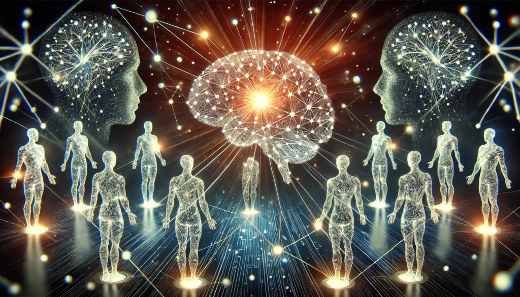 A conceptual digital artwork showing human figures connected by glowing neural lines, with an abstract brain shape in the background. The image represents the power of shared knowledge in strengthening neural pathways and improving cognitive function.