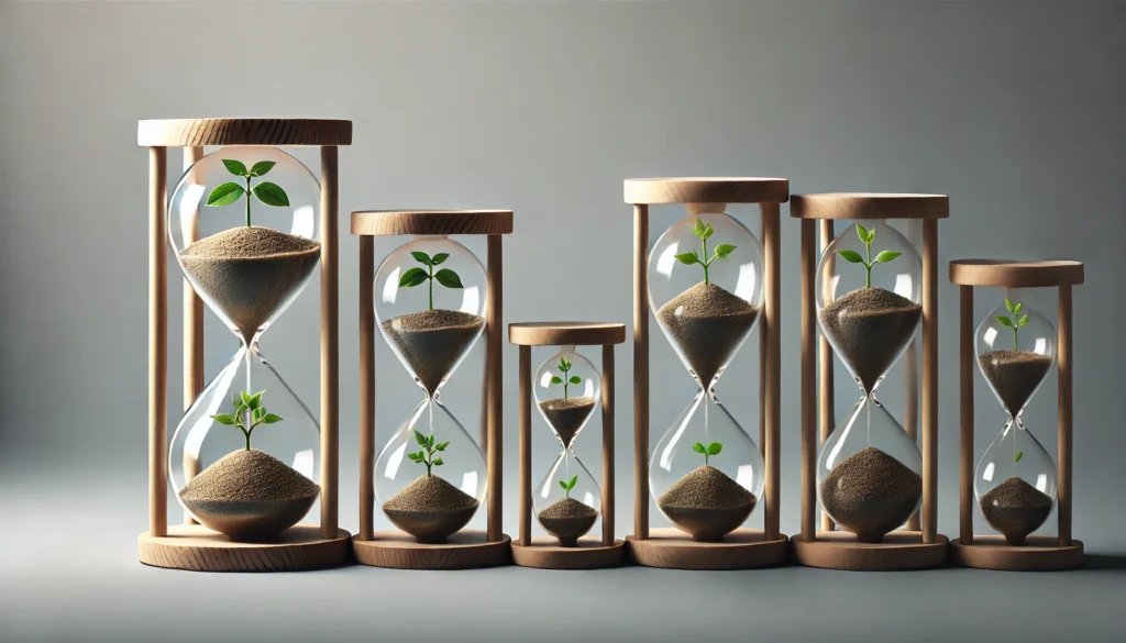 A collection of hourglasses of different sizes filled with growing plants instead of sand, set against a minimalistic background. This visually represents the passage of time and the nurturing required to form long-lasting habits.