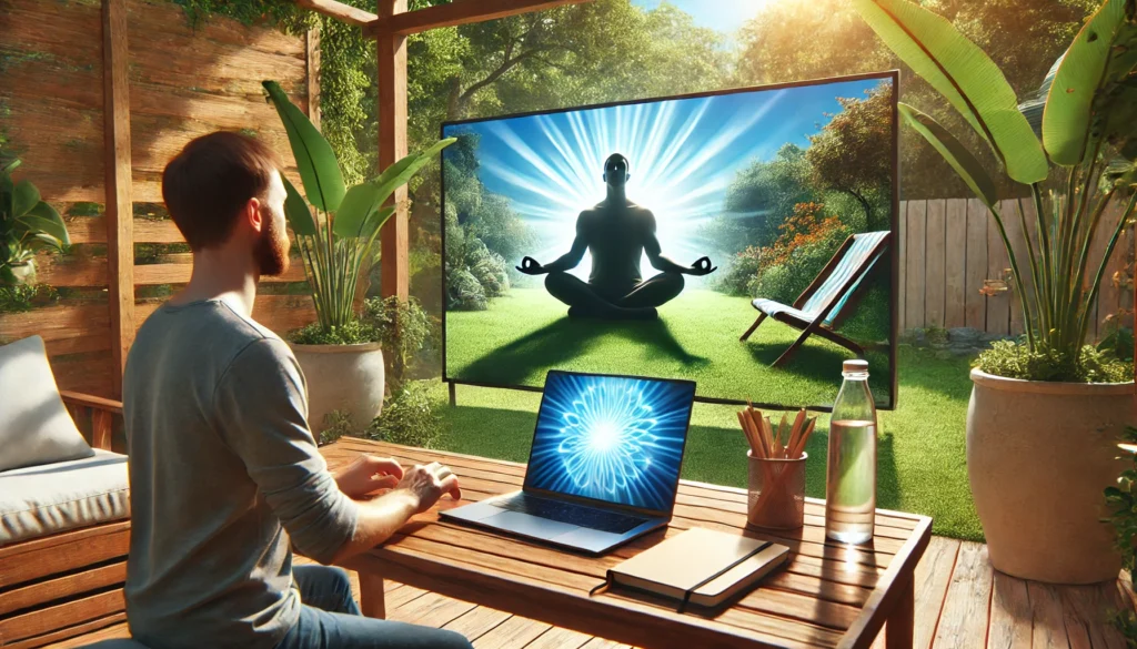 A peaceful outdoor workspace in a garden where a person works on a laptop and meditates briefly beside it, surrounded by a notebook and water bottle, symbolizing a balance between focus and relaxation to enhance productivity.