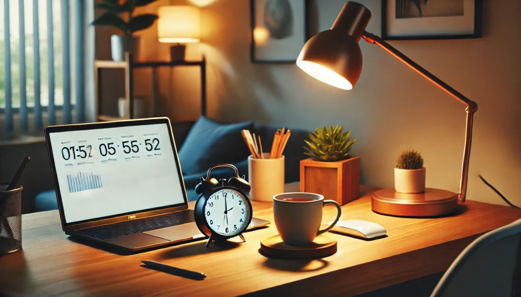 A cozy home office with a minimalist desk, featuring a productivity timer, a cup of tea, and a glowing desk lamp. The room is softly lit with warm tones, fostering a serene and focused atmosphere for productivity.