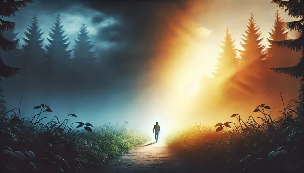 A tranquil nature trail with a person walking away from a dark fog and toward bright sunlight, symbolizing the journey of overcoming negative behaviors and embracing positive changes in life.