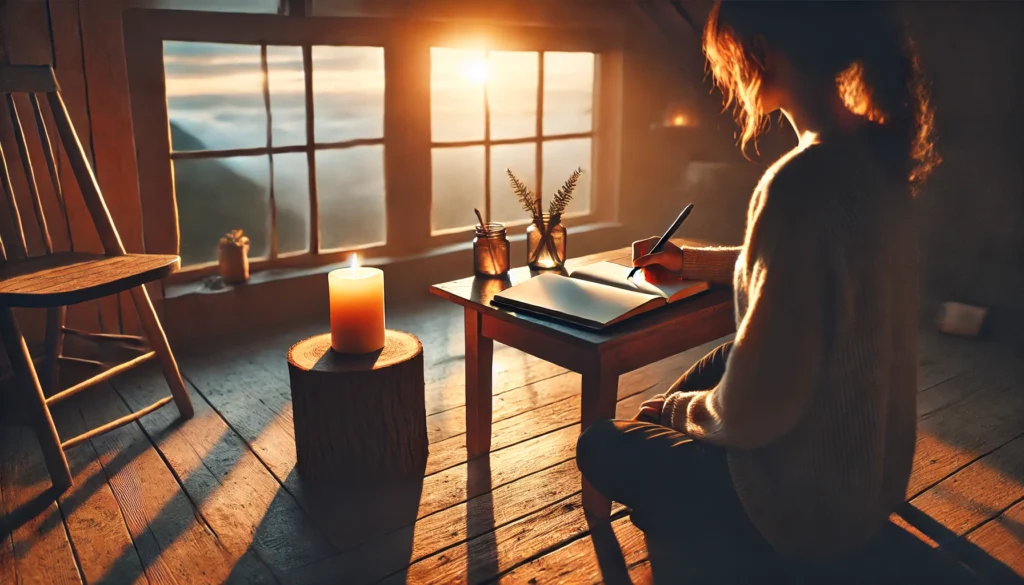 A serene indoor scene of a person journaling at a wooden desk, accompanied by a lit candle and soft shadows. A peaceful sunset is visible through the window, symbolizing reflection and intentional efforts to reframe and overcome negative behaviors.