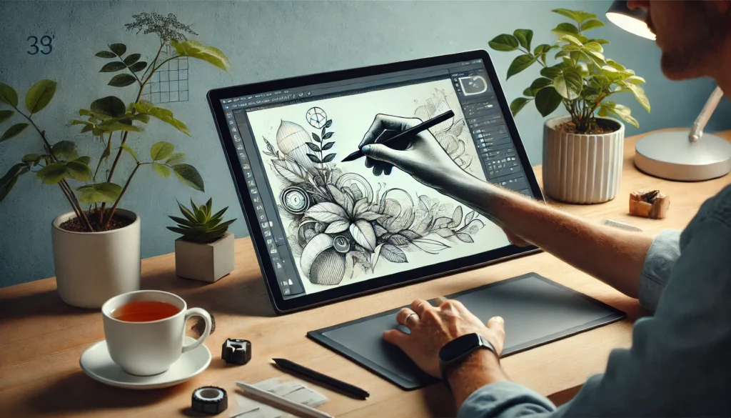 A person using a tablet to sketch on a digital art application, seated at a clean desk with a cup of tea and plants nearby, symbolizing creativity and focus in learning a new skill.