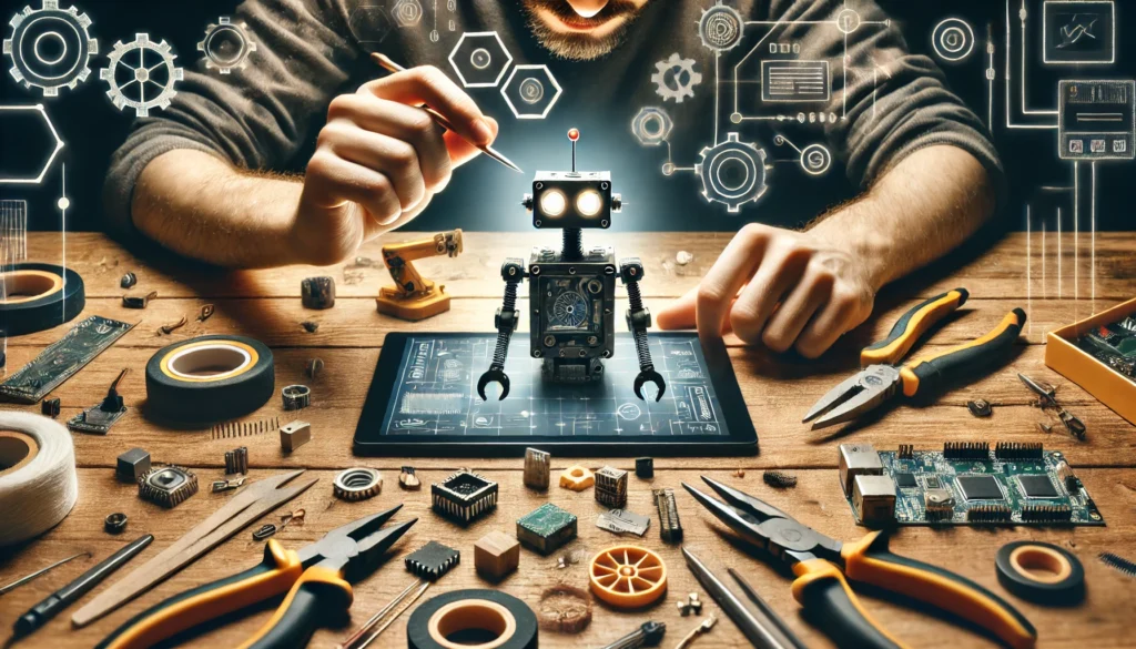 A person assembling a small DIY robot on a workbench, surrounded by tools, electronic components, and focused light, symbolizing hands-on learning and technical skill mastery.
