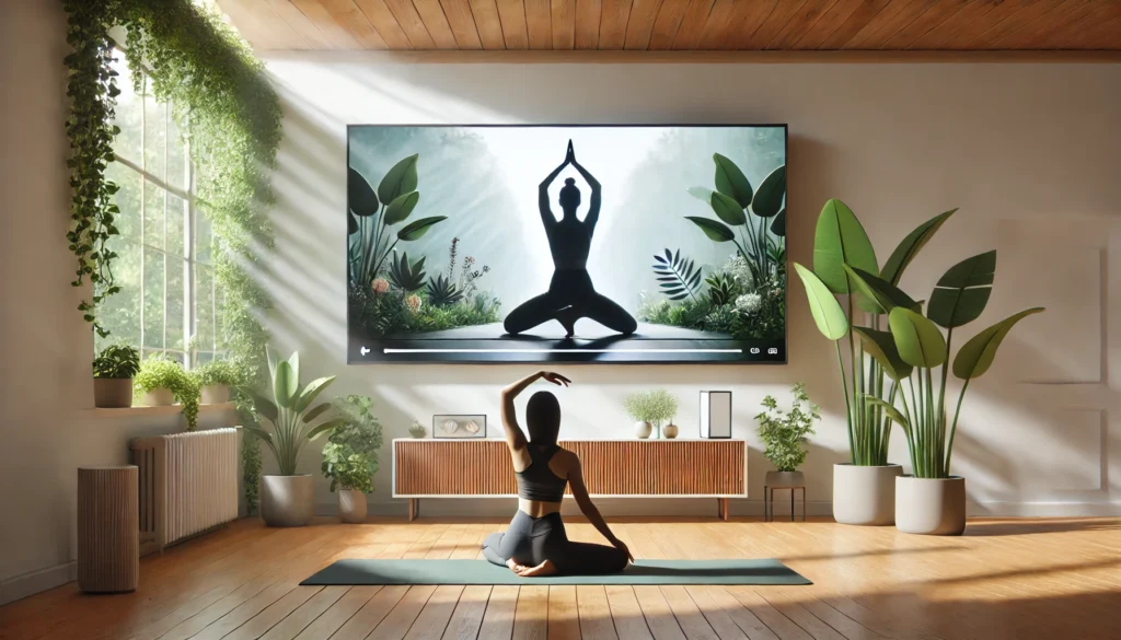 A person practicing yoga in a bright and serene room, using an instructional video on a screen, with plants and natural light creating a calming environment, symbolizing discipline and focus in mastering a physical skill.