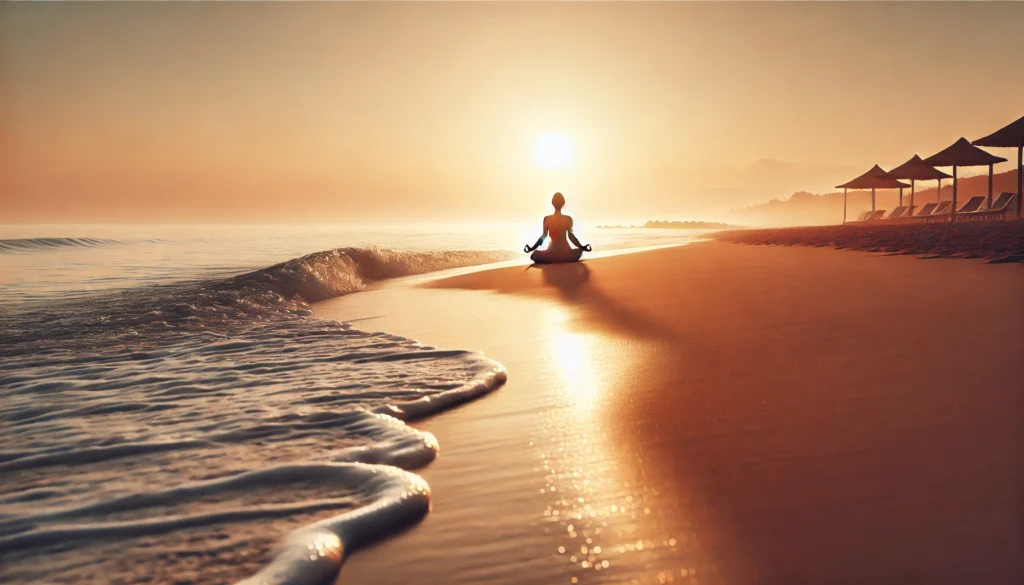 A serene early morning beach scene with a person practicing yoga on the sand, soft waves gently lapping the shore, and the warm glow of a rising sun in the background. The peaceful setting symbolizes mindfulness and forming healthy habits through consistency.