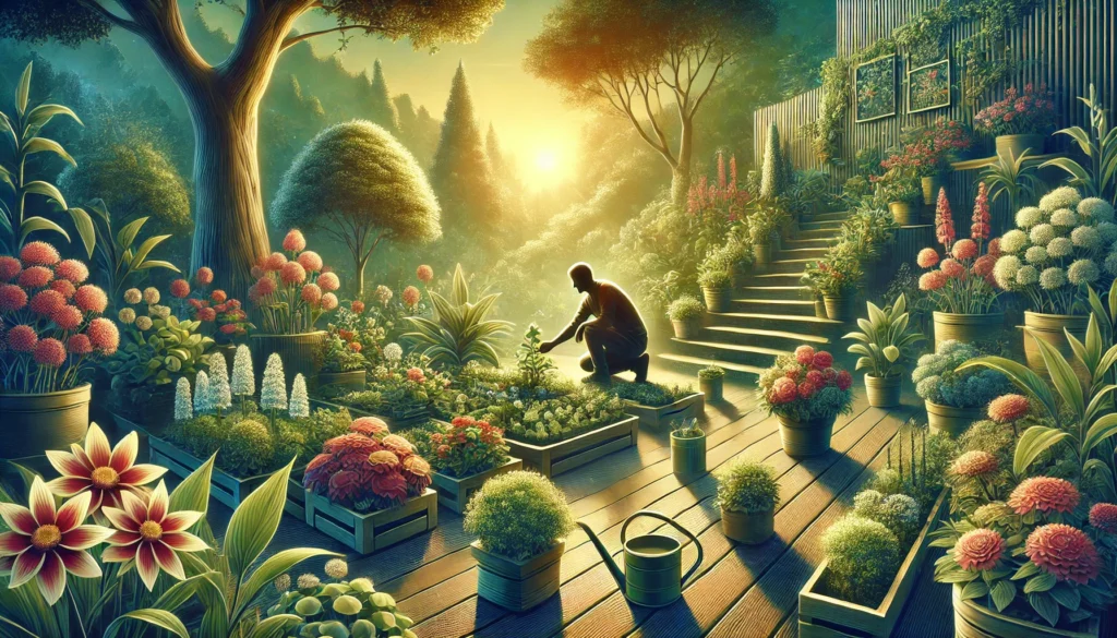 A tranquil outdoor garden featuring a person carefully tending to vibrant plants surrounded by colorful flowers and lush green foliage. The scene highlights care, nurturing, and the development of enduring and positive habits.