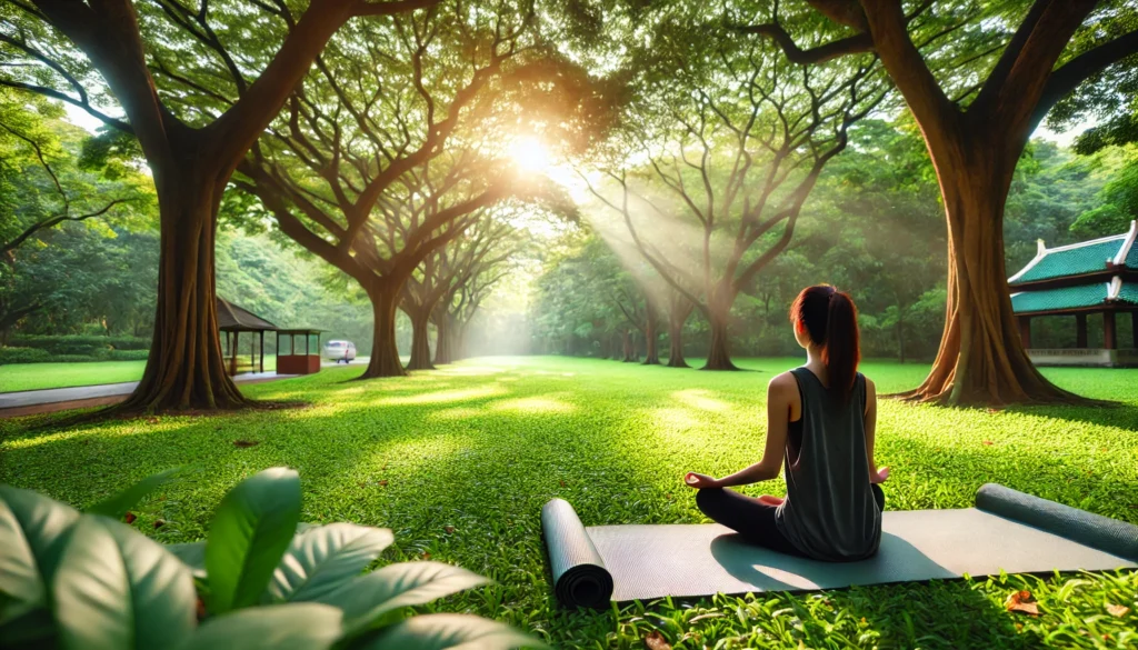 A serene outdoor scene featuring a person meditating on a yoga mat in a lush green park surrounded by trees and soft sunlight. The peaceful environment highlights mindfulness and stress reduction as key steps to a healthier lifestyle.