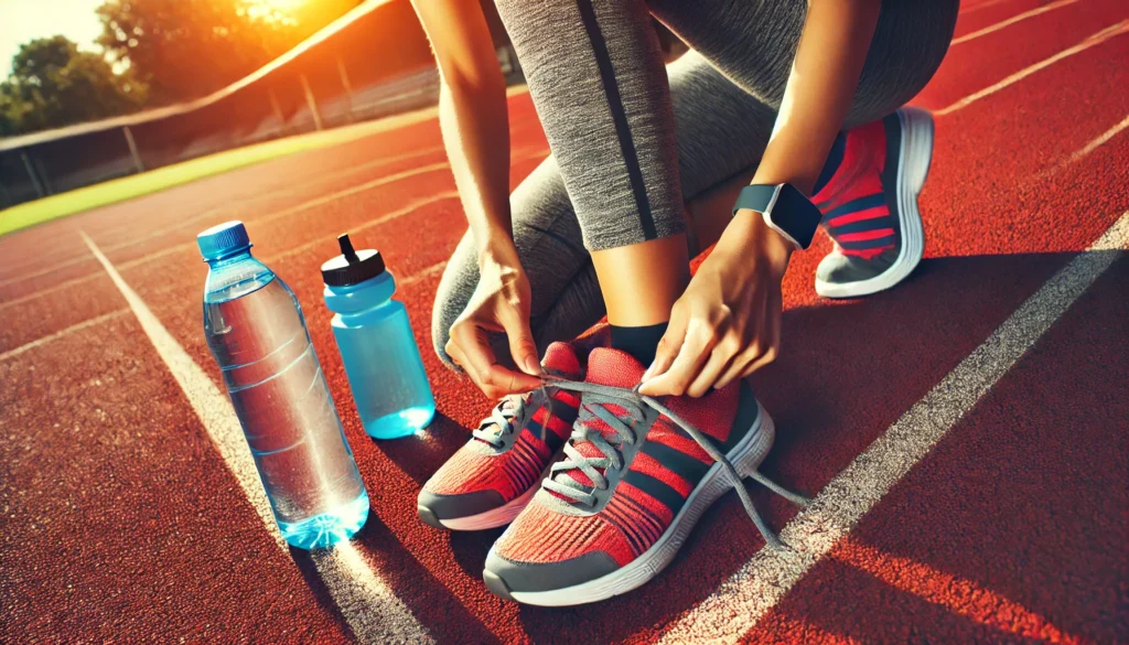 A fitness-focused scene of a person tying their running shoes on a track, with a water bottle beside them. The vibrant setting emphasizes physical activity and dedication to health as essential steps toward a healthier lifestyle.
