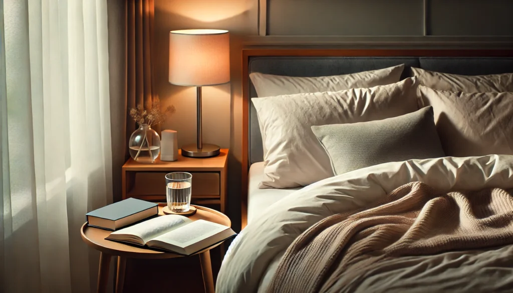 A cozy bedroom scene with a neatly made bed, soft warm lighting, and a bedside table holding a book and a glass of water. The tranquil environment highlights the importance of quality sleep and relaxation for a healthier life.