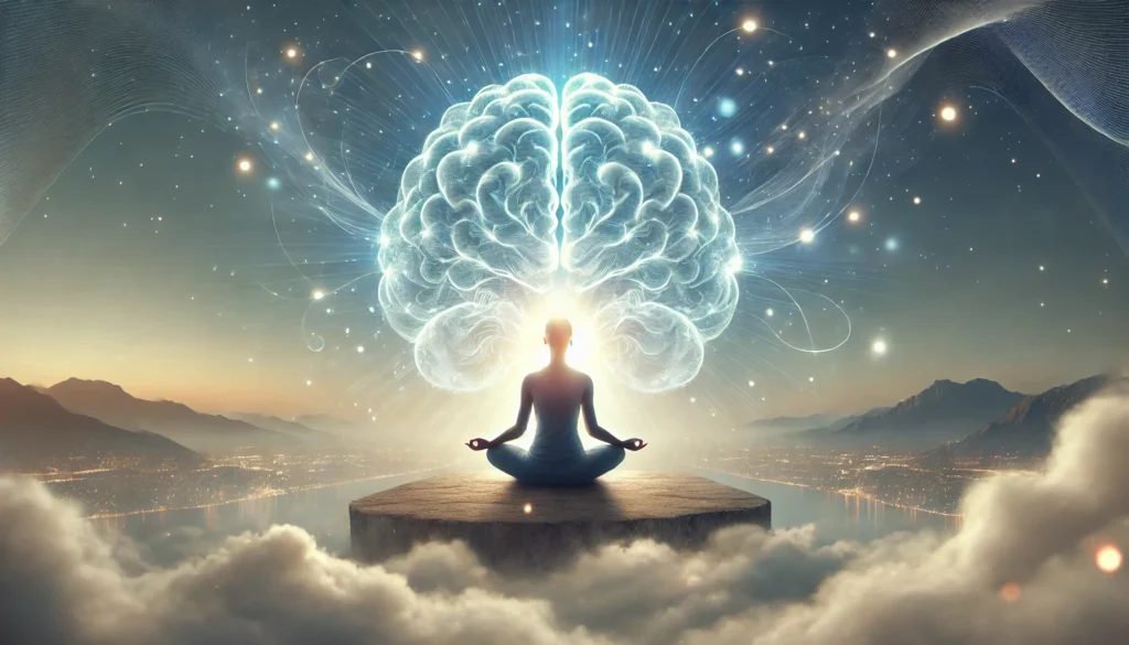 A serene scene of a person meditating with a glowing aura around their head, symbolizing mental clarity and cognitive wellbeing. The image represents mindfulness and its role in supporting brain health and emotional balance.