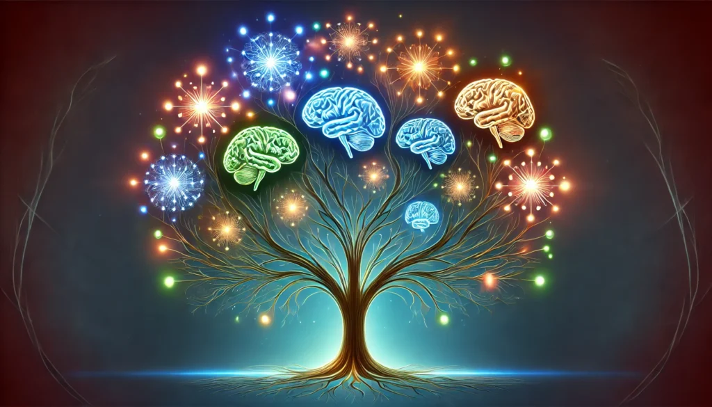 A symbolic artistic representation of a tree with glowing neural branches, where each branch represents different aspects of cognitive health such as memory, focus, and emotional balance. The image emphasizes holistic brain wellness.