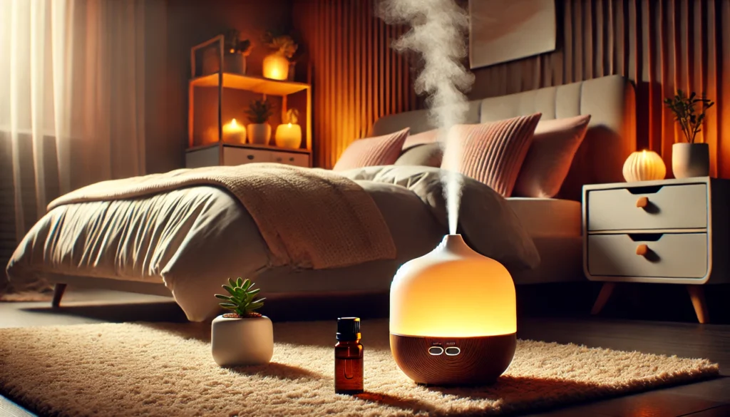A cozy bedroom featuring a diffuser emitting a soft mist, placed near a neatly made bed with plush pillows. The warm ambient lighting and essential oils highlight aromatherapy as a natural remedy for better sleep and relaxation.