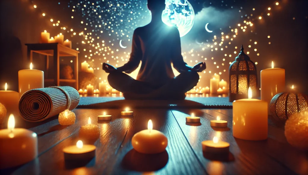 A serene meditation scene with a person sitting cross-legged in dim lighting, surrounded by soft glowing candles. The tranquil setting represents mindfulness practices before bed to strengthen neural pathways and enhance memory retention.