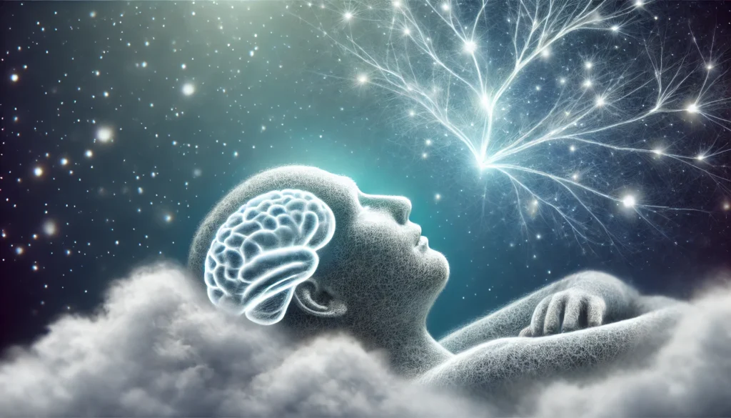 A conceptual visualization of a glowing human brain resting on a soft cloud, with neural pathways visibly strengthening and expanding. The dreamy atmosphere represents the importance of sleep in cognitive health and memory enhancement.