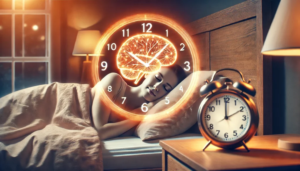 A peaceful bedroom scene with a person sleeping soundly in a cozy bed, while a soft glowing clock face overlays the image, symbolizing the importance of an optimal sleep schedule. The warm lighting emphasizes deep sleep for brain health and memory.