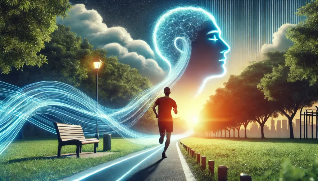A dynamic outdoor scene with a person jogging in a park at sunrise, with a subtle glowing trail leading toward a dreamlike depiction of restful sleep. The image represents the impact of morning exercise on improved nighttime rest and sleep cycles.