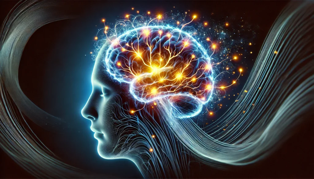 A conceptual artistic visualization of a glowing human brain, with neural pathways actively forming and reorganizing during deep sleep. The image represents how sleep enhances cognitive function, memory recall, and neural connectivity.
