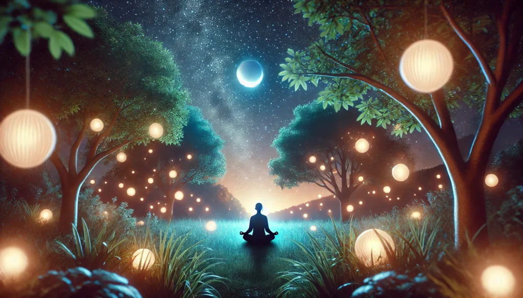 A tranquil nighttime nature scene with a person meditating under the stars, surrounded by soft glowing orbs symbolizing calmness and deep relaxation. The peaceful setting highlights mindfulness and meditation as natural sleep aids.