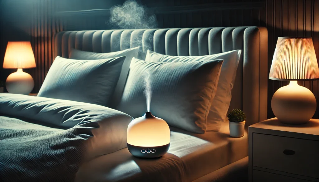 A dimly lit bedroom featuring a diffuser emitting a soft mist next to a neatly made bed with plush pillows. The serene atmosphere represents relaxation techniques before sleep to enhance brain function and improve memory recall.
