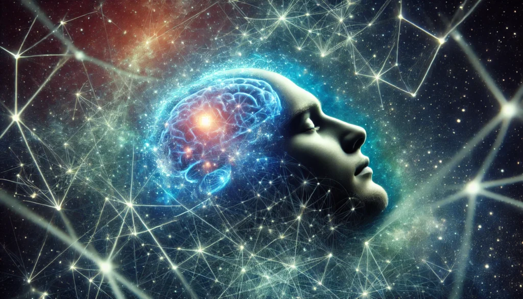 A cosmic representation of a person sleeping, with their brain connected to a network of glowing neural pathways resembling constellations. The image symbolizes the connection between deep sleep, memory consolidation, and neural regeneration.