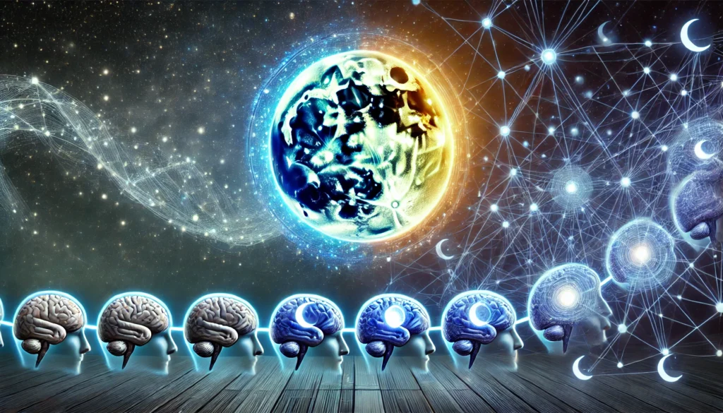 A cosmic representation of the sleep cycle with a glowing moon transitioning through different sleep stages, connected to a neural network. The image illustrates how optimal sleep cycles enhance cognitive function and memory retention.