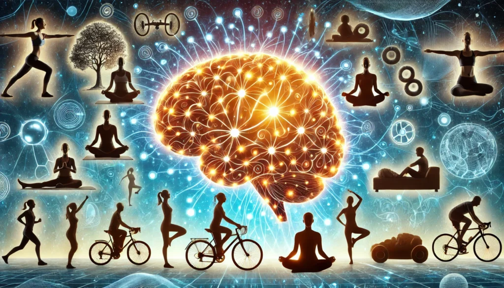 A conceptual artistic visualization of a brain with glowing neural pathways, surrounded by silhouettes of people engaged in various exercises like yoga, cycling, and running. The image represents the connection between physical activity, mental relaxation, and better sleep.