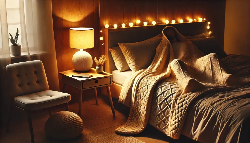A peaceful bedroom setting featuring a weighted blanket draped over a cozy bed, accompanied by a softly lit bedside lamp. The warm ambiance highlights the calming effects of weighted blankets as a natural aid for improving deep sleep and relaxation.