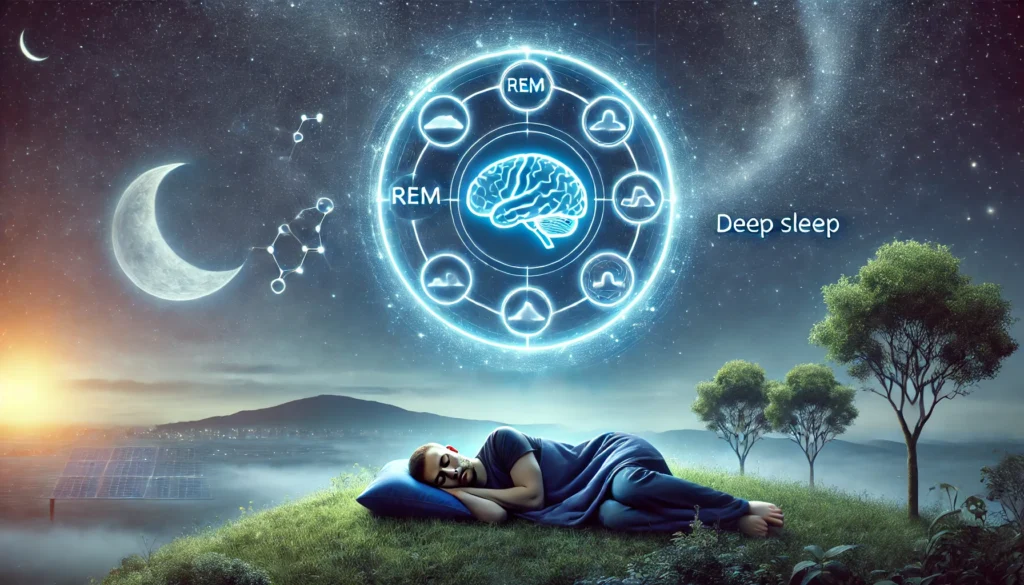 A serene night scene with a person peacefully sleeping, while a glowing circular diagram of sleep stages hovers above, representing REM and deep sleep phases. The image symbolizes the importance of an optimal sleep cycle for memory and brain health.