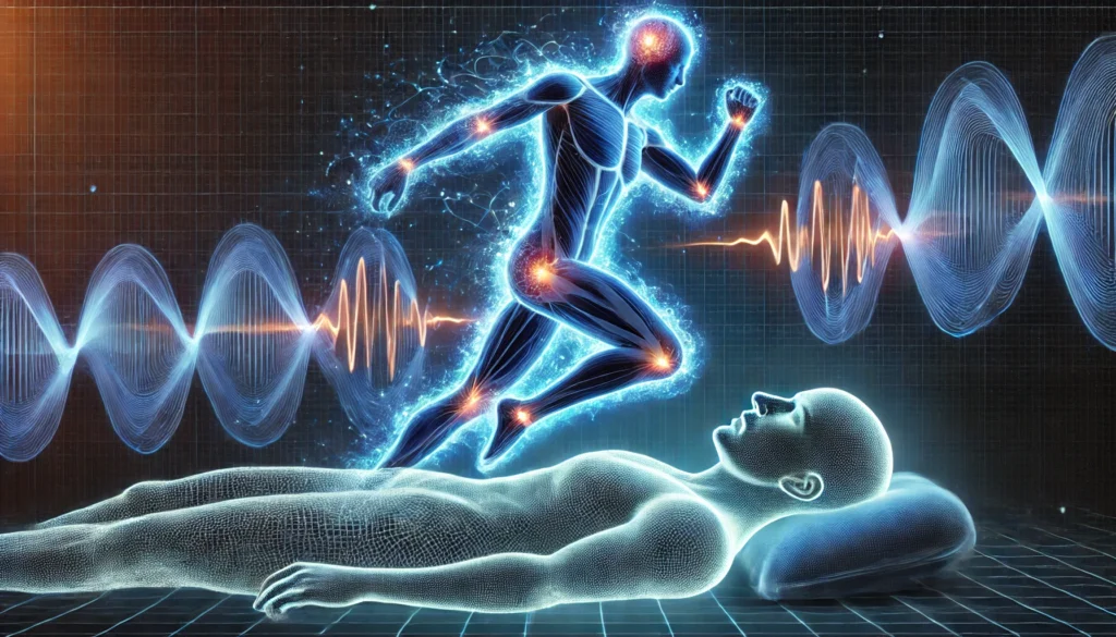 A futuristic digital representation of a human body transitioning from an active workout session to deep sleep, with glowing energy waves connecting the two states. The image illustrates the science behind exercise promoting restful nights and cognitive recovery.