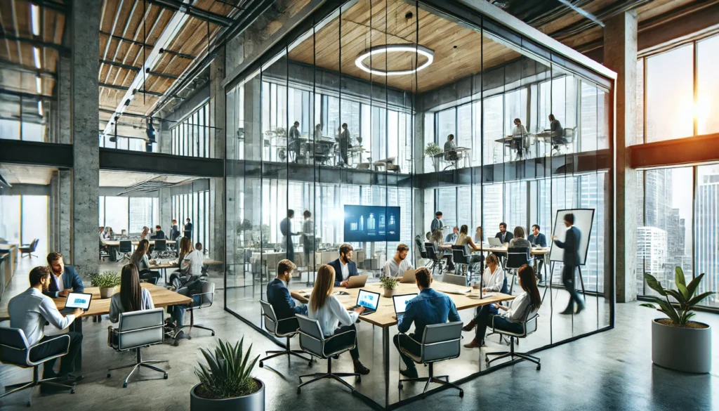 A collaborative office space with a group of coworkers brainstorming in a modern conference room. Large windows allow natural light to fill the room, fostering teamwork and a productive environment.