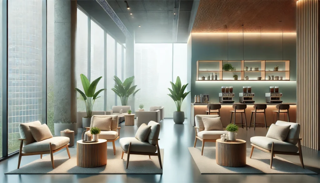 A serene office break room with comfortable chairs, a coffee station, and indoor plants. Soft ambient lighting creates a refreshing atmosphere for relaxation, enhancing workplace productivity.