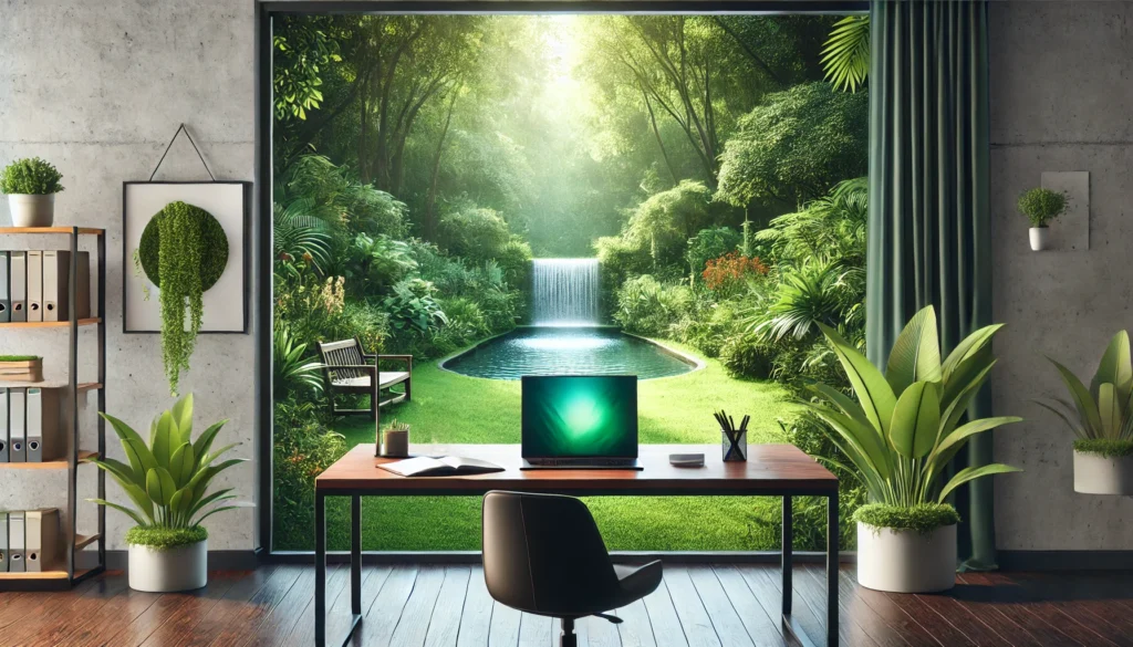 A nature-inspired office setup with a desk near a large window overlooking a green garden and a small fountain. The desk includes a laptop, a notebook, and a desk plant, creating a calming and productive environment.
