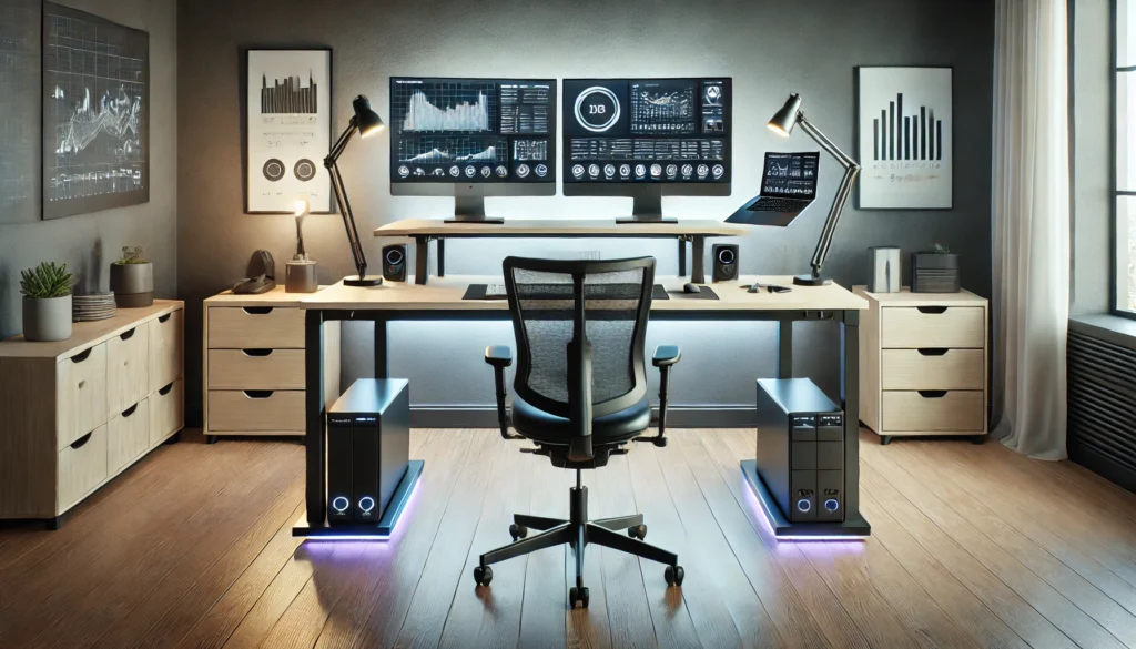 A high-tech office featuring a sleek standing desk with a dual monitor setup, an ergonomic chair, and productivity tools like a wireless keyboard and mouse. LED lighting and minimalist decor create a modern, efficient workspace that promotes focus and workplace productivity.