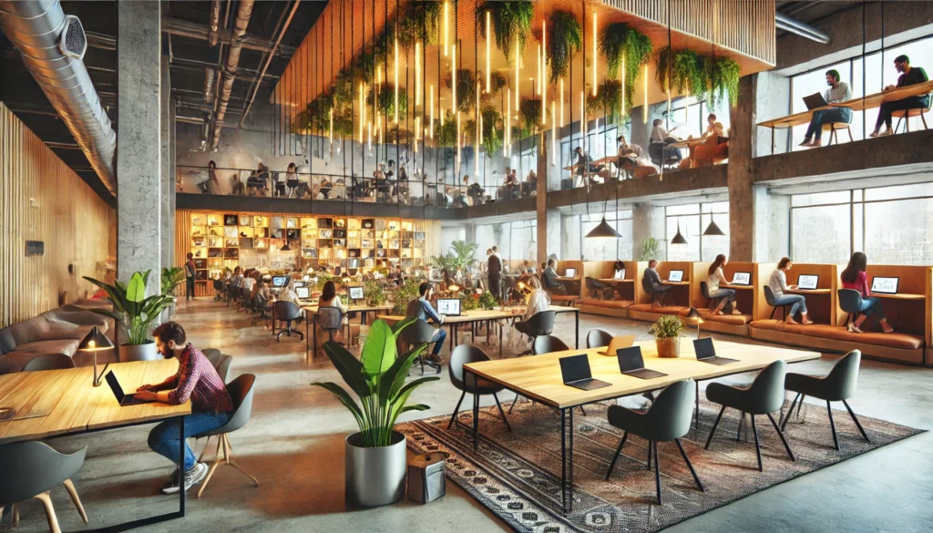 A dynamic coworking space featuring an open area with shared desks, modern furniture, and individuals working on laptops. Indoor plants and soft lighting enhance the vibrant atmosphere, fostering collaboration and boosting workplace productivity.