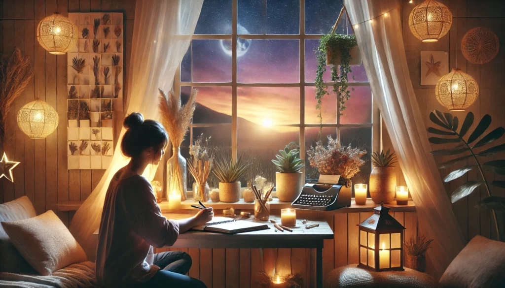 A person journaling in a cozy, softly lit space, surrounded by elements like plants, candles, and an open window with a peaceful evening sky, symbolizing introspection, creativity, and self-motivation.