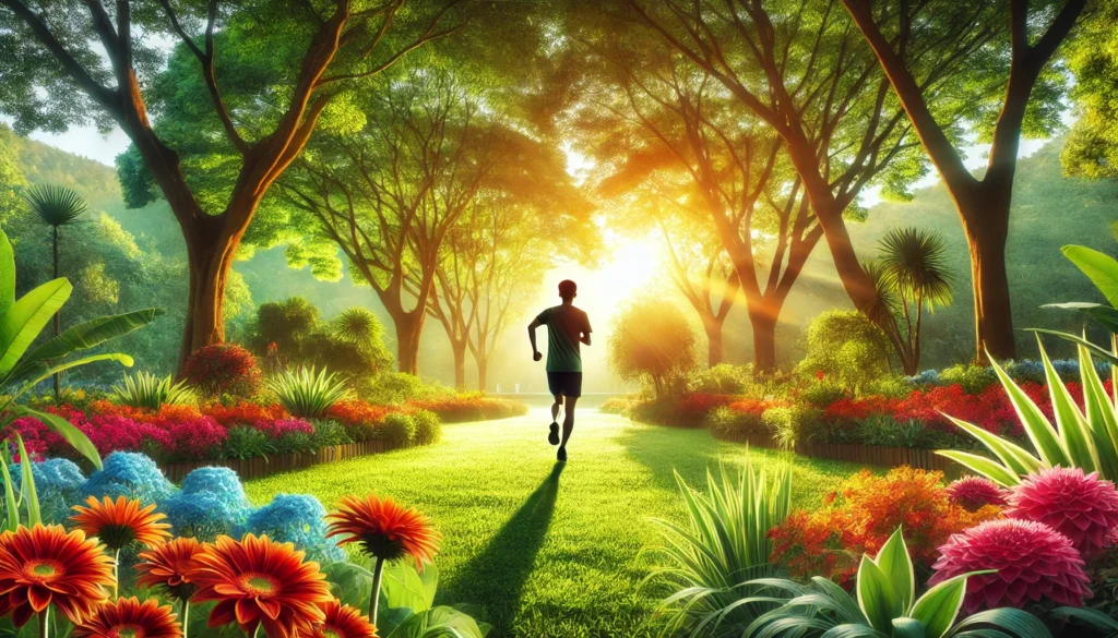 A person jogging through a lush green park on a sunny morning, surrounded by vibrant flowers and tall trees, symbolizing energy, health, and staying motivated to maintain an active lifestyle.