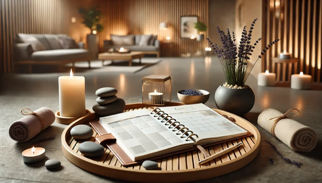 A spa-inspired setting featuring an open planner on a bamboo tray surrounded by smooth stones, a lit candle, and a small bowl of lavender. The background reveals a softly blurred minimalist room with wooden accents and greenery. Diffused lighting enhances the harmonious and rejuvenating ambiance, perfect for relaxation and focus.