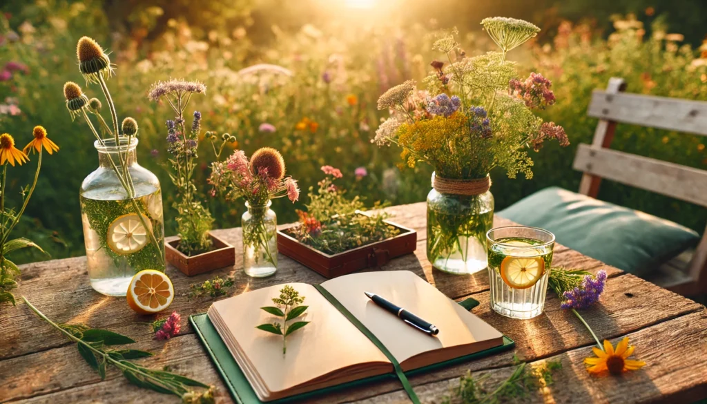 A tranquil outdoor setting with a wooden table holding an open planner and pen, surrounded by colorful wildflowers and a glass of infused water with lemon slices. In the background, a soft meadow is bathed in warm, golden sunlight, creating an atmosphere of relaxation and focus with natural, earthy tones.