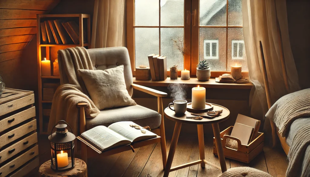 A cozy indoor nook with a comfortable armchair and a small wooden table holding an open planner, a candle, and a steaming cup of coffee. The window shows gentle rainfall outside, with soft blankets and books nearby. Warm ambient lighting and neutral earthy tones create a calm and focused atmosphere for mindfulness and productivity.