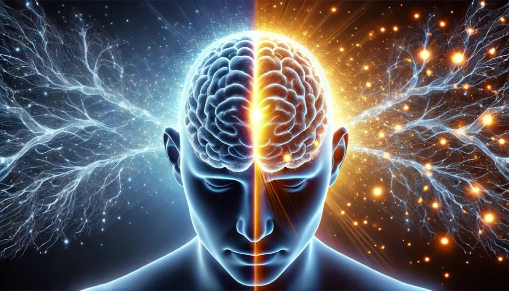 A glowing human brain transitioning from a state of stress to calmness, with neural pathways visibly reorganizing. The transformation illustrates the effects of meditation on neuroplasticity, enhancing memory, recall, and cognitive resilience.