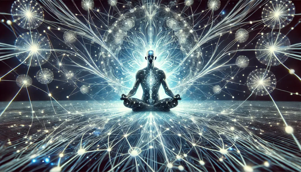A futuristic digital representation of a meditating figure surrounded by interconnected glowing neural pathways, with energy waves symbolizing deep focus and enhanced memory. The image illustrates how mindfulness strengthens brain function and cognitive resilience.